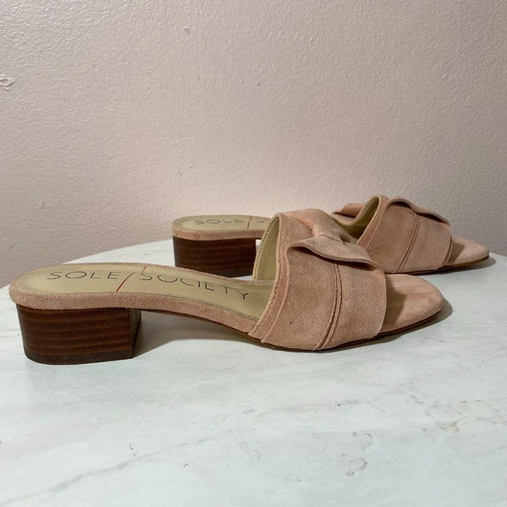 SOLE SOCIETY Suede Bow Slide Sandals‎ Blush Pink Low Block Heel 6M